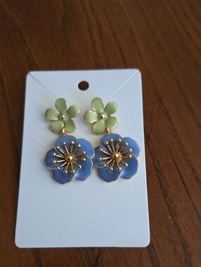Gold-Trim Blue & Light Green Floral Drop Earrings - Women Jewelry